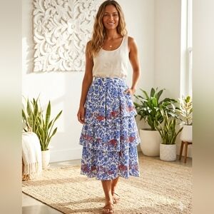 Chelsea & Violet Women's Bohemian Blue & Red Floral Midi Skirt Sz Small NWT